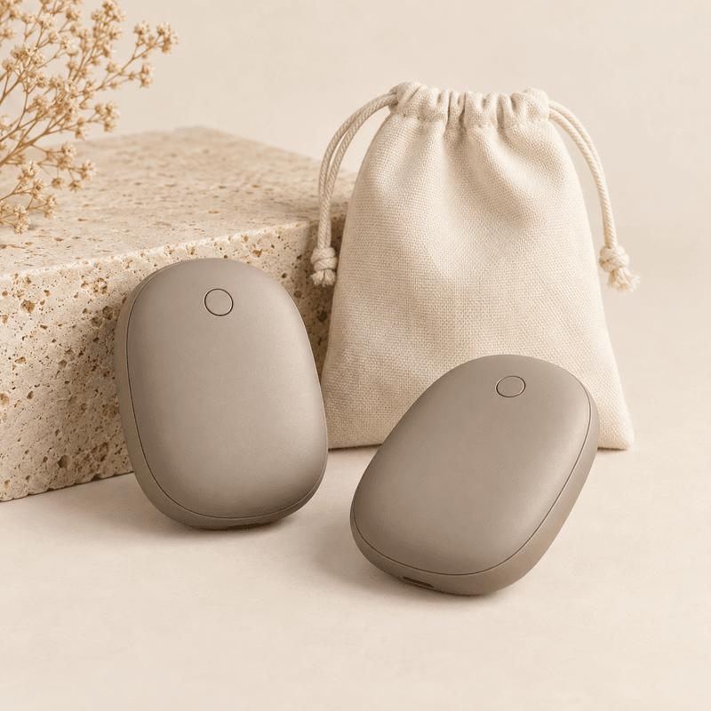 A pair of smooth rechargeable hand warmers with a fabric pouch