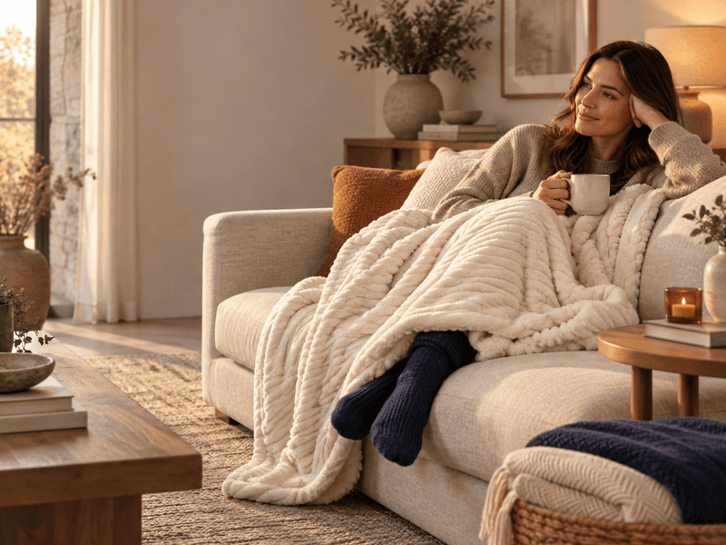 A relaxed winter afternoon with a Heated Comfort heated throw and cosy socks